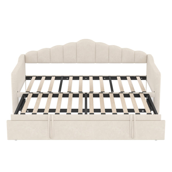 English Elm Upholstered Twin Daybed with Pop-Up Trundle, Built-In USB Type-C Charger, Side Pockets, Velvet Frame Beige 77.25 L x 17.25 W x 5.31 H N733S285118A