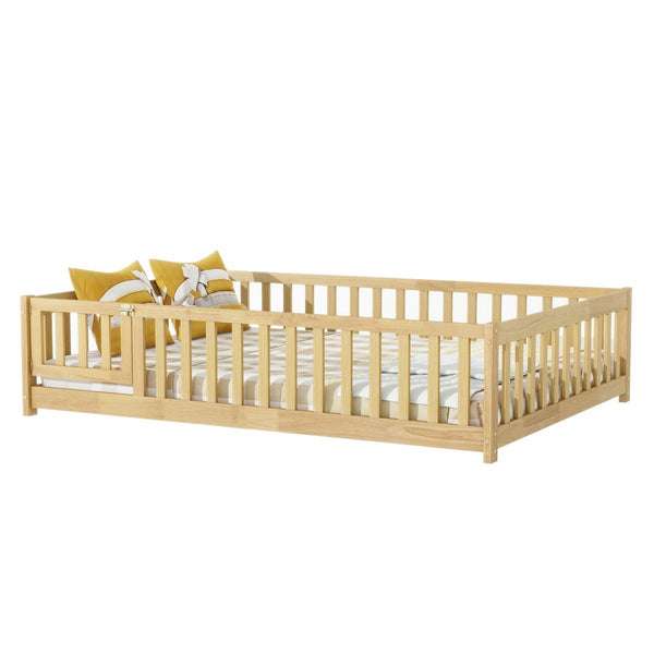 English Elm Twin Solid Rubberwood Floor Bed with Full Perimeter Safety Rails for Toddler Rooms Natural W504P296778