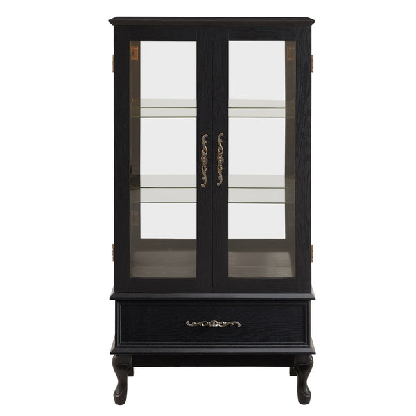 English Elm Lighted Curio Cabinet with Vintage Carved Handles, LED Display, Adjustable Shelves & Hidden Drawer 40" W2275P389711