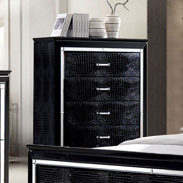 English Elm 1pc Crocodile-Embossed Chest with Diamond-Crusted Handles, Silver-Lined Panels, Glam Contemporary Appeal Black 42 L x 22 W x 59 H B2741P367880