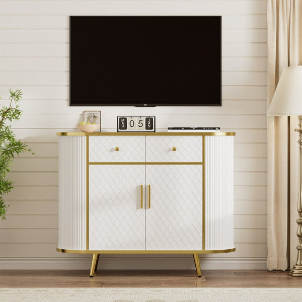 English Elm Luxury Fluted Curved Sideboard with Golden Legs Sculptural White Storage for Entryway T3773P417294