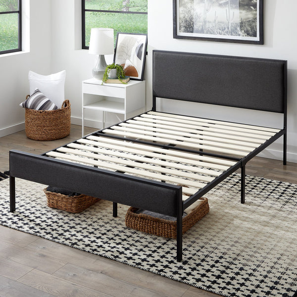 English Elm Edenbrook Charcoal King Metal Platform Bed Frame with Upholstered Headboard, 800lb Slats, Easy Assembly B350P394800