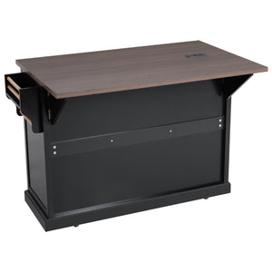 English Elm K&K 54.9" Farmhouse Kitchen Island Cart with Drop Leaf, Charging Station, Barn Doors & Glass Pane Black N707P300277B