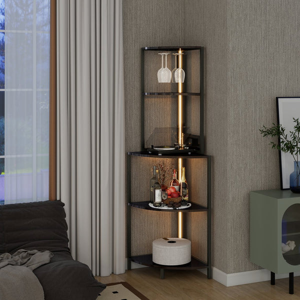 English Elm 5 5 Tier Corner Shelf LED with USB Plug, Black Metal+MDF Tall Narrow Standing Shelf for Corners W420P207358