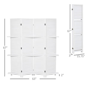 English Elm HOMCOM 4-Panel 67" Wood Privacy Screen Room Divider with 3 Removable Shelves, Folding White Decor W2225P200779