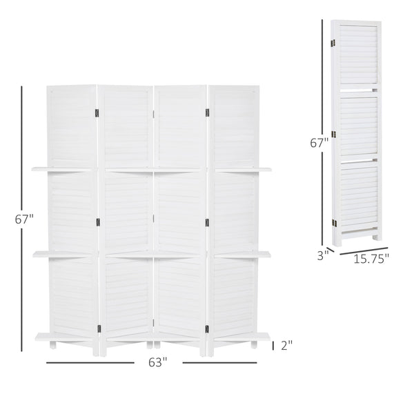 English Elm HOMCOM 4-Panel 67" Wood Privacy Screen Room Divider with 3 Removable Shelves, Folding White Decor W2225P200779