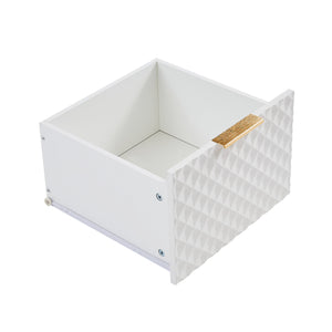 English Elm Deluxe Modern Carved Chest of Drawers with Tempered Glass Doors, 3 Drawers + 2 Compartments, Sleek Metal Legs White W1162P295364