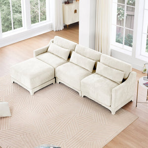 English Elm Three-Seater Chenille Sofa With Movable Ottomans, Ergonomic Design, Stylish Beige, Easy Assembly W714S01197-GIGA