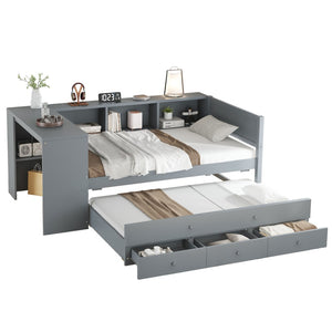 English Elm Twin Size Daybed With Trundle And Desk, Stylish Wood Frame With Storage Drawers And Shelves, Gray W1580S00204-GIGA