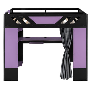 English Elm Full Size Loft Bed with Desk Blackout Curtains Rgb Lighting and Integrated Storage Purple+Black LT000377AAI