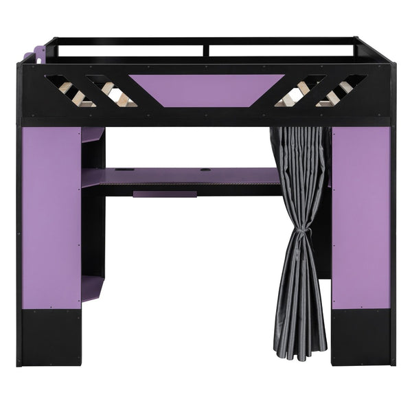 English Elm Full Size Loft Bed with Desk Blackout Curtains Rgb Lighting and Integrated Storage Purple+Black LT000377AAI
