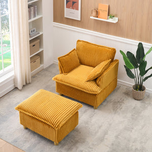 English Elm This single-seat corduroy sofa with ottoman and pillows — compact lounge chair for cozy reading nooks and naps Yellow W1658S00121