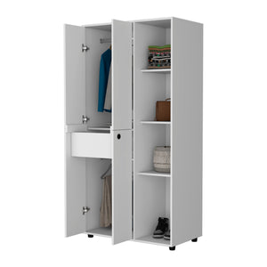 English Elm Bethel White Armoire Closet with Drawer, Dual Hanging Rods, Four Cabinets & Open Display Storage B128S00127