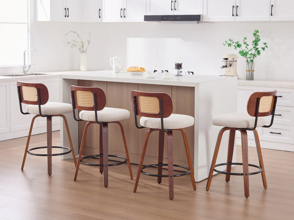 English Elm Set of 2 Swivel Counter Stools Walnut Frame Rattan Back Linen Seat Kitchen Island Beige W1143P392171