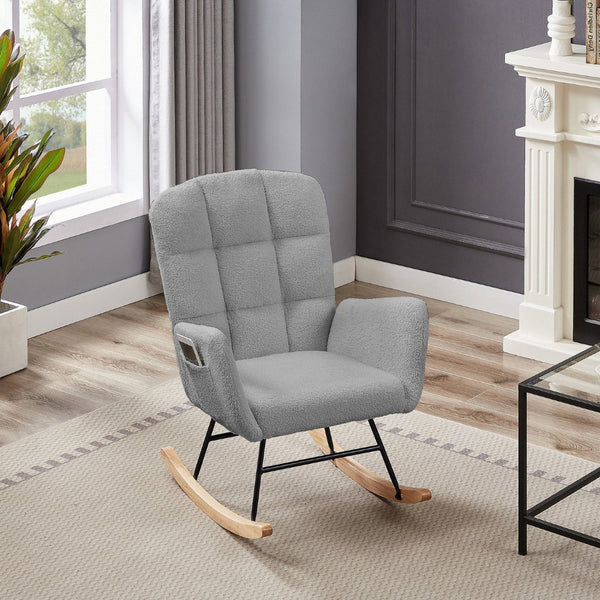 English Elm Cream Plush Teddy Fabric Rocking Armchair with High Back Support for Nursery Grey W3985P404156