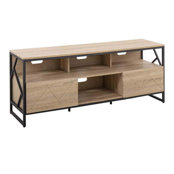 English Elm Folia Contemporary Tv Stand with Natural Wood Top and Black Steel Open Display Niches B202S01357