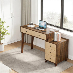 English Elm Classic Five Drawer Writing Desk with Round Metal Legs and White Engineered Wood Top T3971P453638