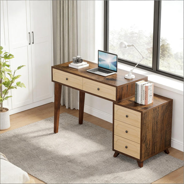 English Elm Classic Five Drawer Writing Desk with Round Metal Legs and White Engineered Wood Top T3971P453638