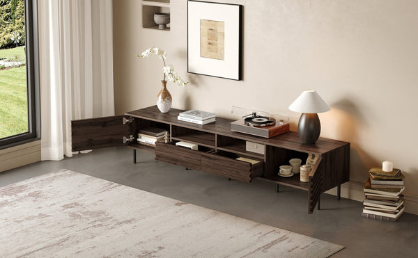 English Elm 78 Inch Walnut Media Console with Slatted Doors Iron Legs and Cable Management N710P373591Q