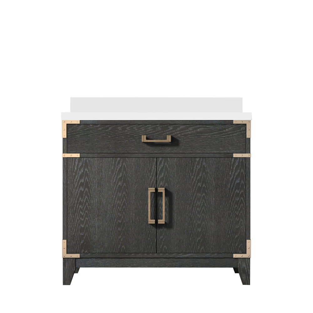 English Elm Black Oak Single Bath Vanity With White Quartz Top - Stylish Storage, Soft-Close Features, 36X22 In. B2731P260911