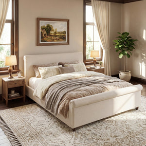 English Elm King Upholstered Bed Linen Fabric Rolled Headboard Rubberwood Legs Primary Bedroom Beige N757K384825I