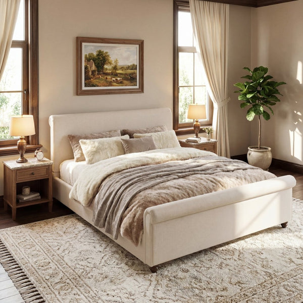 English Elm King Upholstered Bed Linen Fabric Rolled Headboard Rubberwood Legs Primary Bedroom Beige N757K384825I