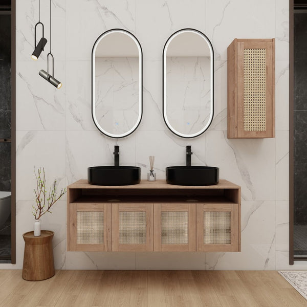 English Elm 48" Floating Bathroom Vanity Oak Finish Dual Ceramic Sinks Four Soft Close Doors W999S00499