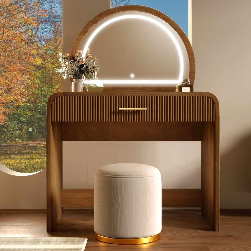 English Elm 39" Makeup Vanity Table with Touchscreen LED Mirror, Sleek Dressing Table with Drawer and Glass Top - Durable Rubberwood, Fast Assembly Espresso N704P196658P