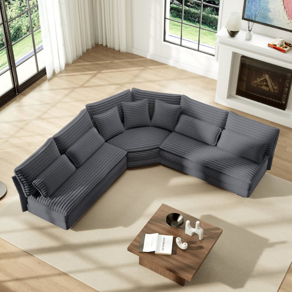 English Elm 5-seater Curved Corner Sectional Sofa Ribbed Corduroy Upholstery with Seven Accent Pillows Dark Gray W2606S00016