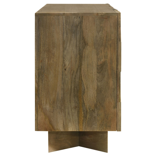 English Elm Roman Mango Brown Chevron 3-Door Server with Ornate Bracket Feet, Adjustable Shelves & Rustic Charm B062P358298