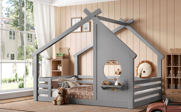 English Elm Full House Floor Bed with Roof Window and Shelf – Solid Pine Kids Loft-Style Low Bed, Durable Design Grey W1580P362698