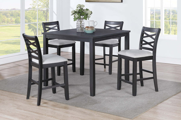 English Elm Dining 5pc Counter Height Charcoal Dining Set with Upholstered Cushions, Rubberwood X-Back Chairs B011P373691