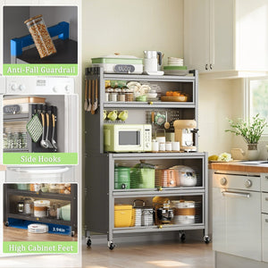 English Elm 64" 5-Tier Kitchen Pantry Cabinet on Wheels with Transparent Flip Doors, DIY Pegboard, Heavy-Duty Metal Storage Rack W3204P300624