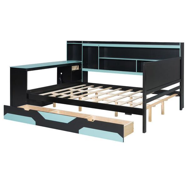 English Elm Queen Gaming Bed Frame with Desk Led Lighting Storage Drawers and Bookcase Headboard Black+Blue LP000290AAC