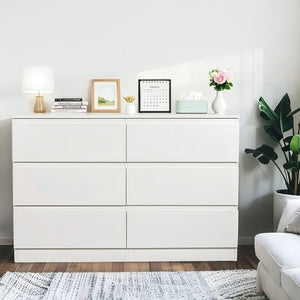 English Elm 6 Drawer Modern Dresser with Concealed Handles, Spacious Top, Durable Wood Storage Cabinet for Bedroom White W3204P318437
