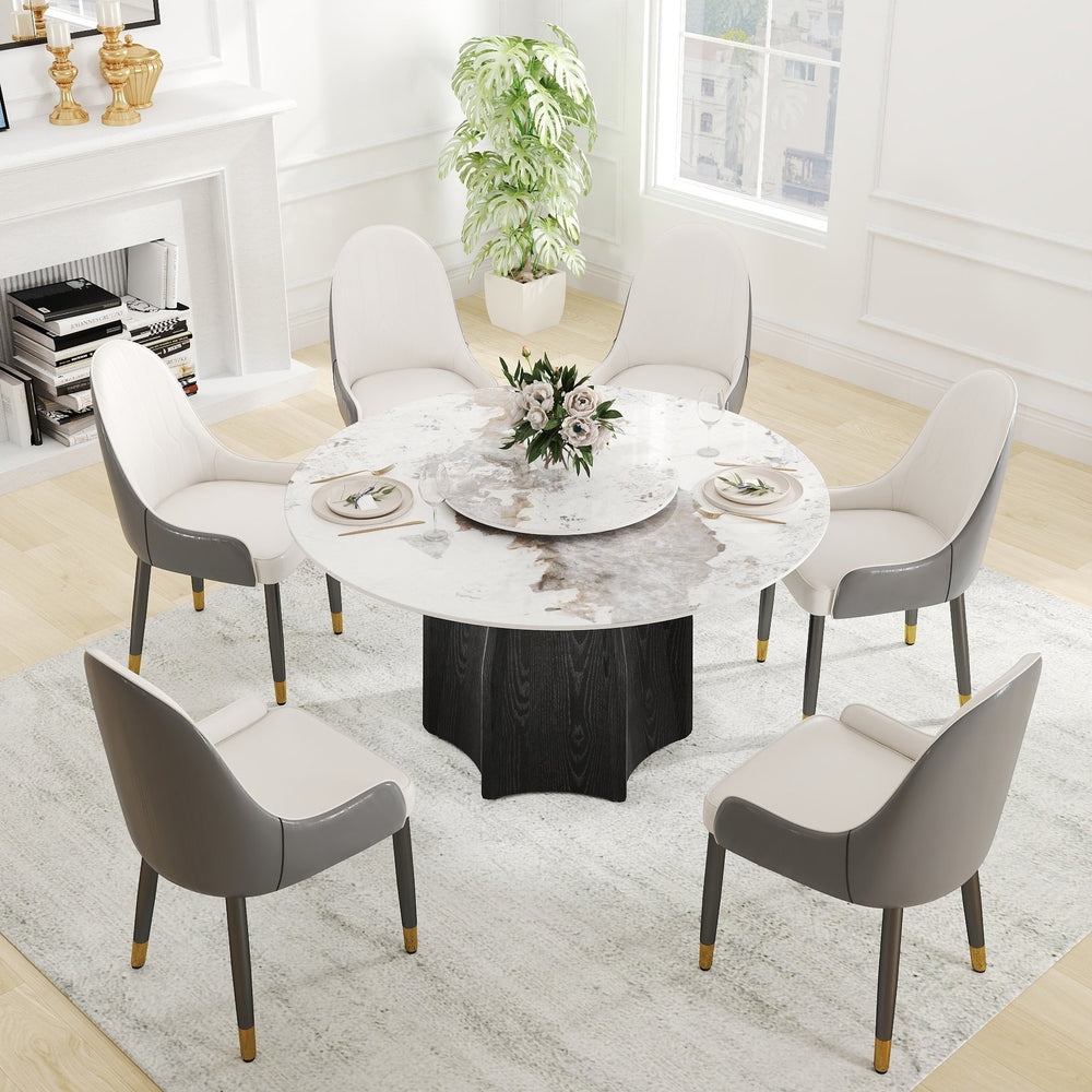 English Elm 53" Round Marble Dining Table With Rotating Turntable, Durable Solid Wood Base For 6 Guests W1535S00458