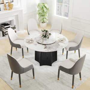 English Elm 53" Round Marble Dining Table With Rotating Turntable, Durable Solid Wood Base For 6 Guests W1535S00458