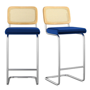 English Elm Counter Height Bar Stools Set Of 2 - Chic Royal Blue Velvet With Rattan Back For Modern Spaces T3623P360717