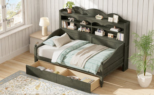 English Elm Twin Daybed Retro Wood Frame with Under Bed Drawers and Headboard Shelving Antique Grey N733S415358E