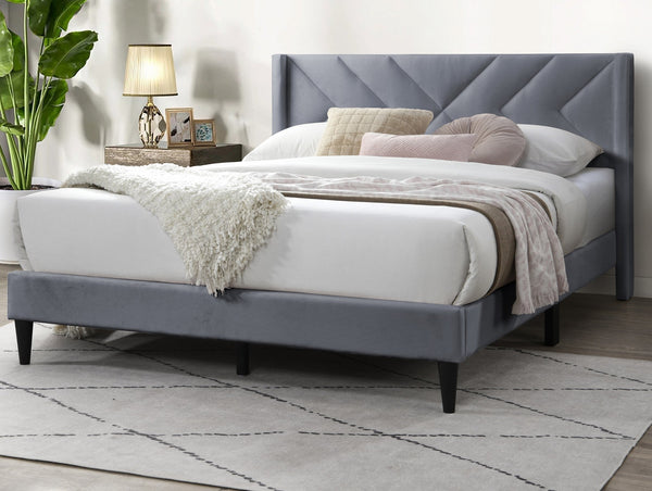 English Elm Elegant Velvet Upholstered Queen Bed with Geometric Stitched Headboard, Platform Design, 12" Height Grey 65 L x 23 W x 9 H B011P238925