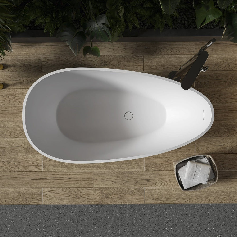 English Elm 59 Inch Stone Resin Freestanding Egg Bathtub Matte White Spa Soaking Centerpiece W161370618