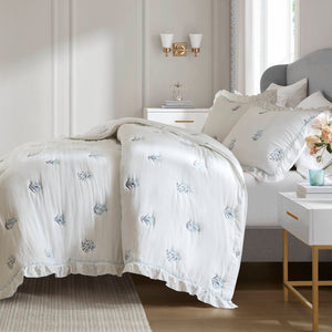 English Elm 3-piece Floral Embroidered Quilt Set Ruffled Trim Romantic Bedding for Full Queen Beds White+Blue B035P463190