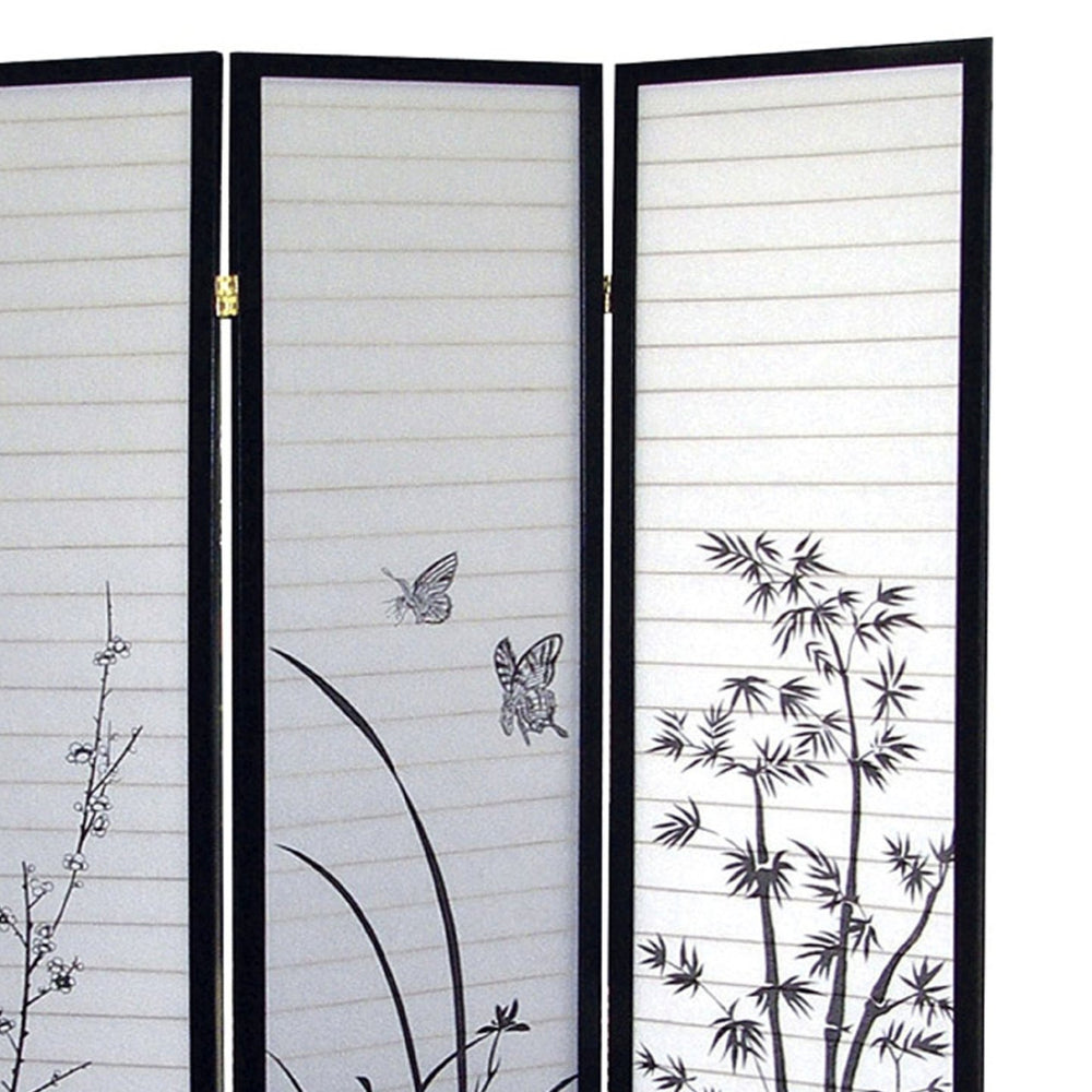 English Elm 70" Tall 3-Panel Folding Screen – Elegant Floral Design, Black Frame, Ideal For Privacy & Decor B072115972