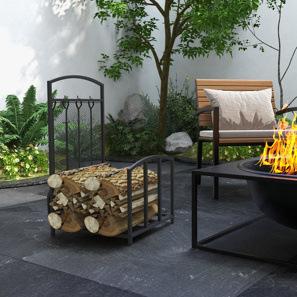 English Elm HOMCOM Black Firewood Rack with 4-Piece Fireplace Tool Set, 220lb Capacity Indoor/Outdoor Log Holder W2225P229413