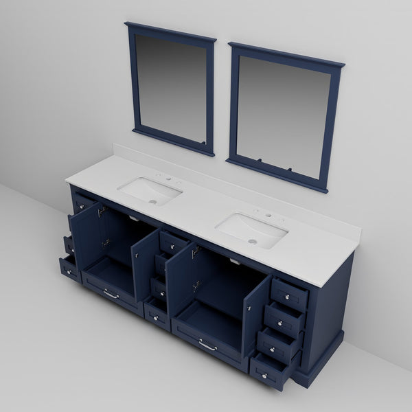 English Elm Navy 84" Double Bath Vanity with White Quartz Top, Soft-Close Drawers, 14-Drawer Storage, Mirrors B2731S00827