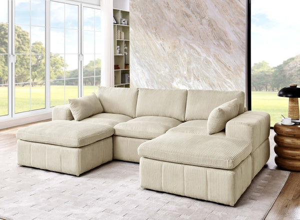 English Elm Large Corduroy Modular Sectional Sofa with Two Ottomans for Family Room Comfort Beige B2748S00041