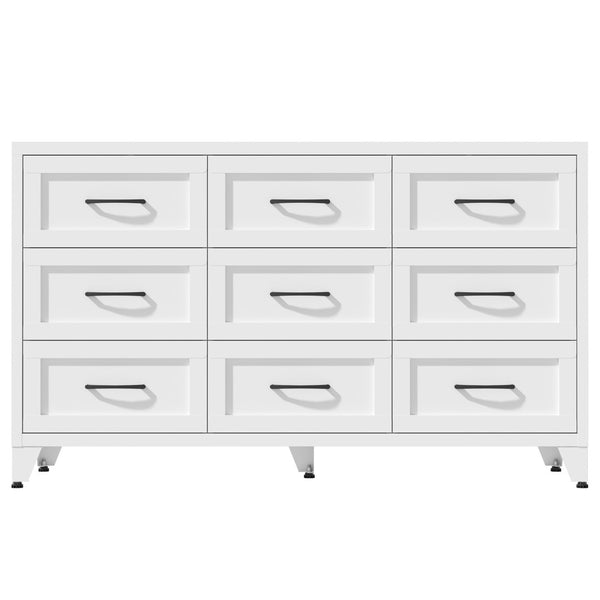 English Elm 9 Drawer Steel Dresser Low Profile White Powder Coated Frame Quiet Glide Bedroom Storage T2398P465982