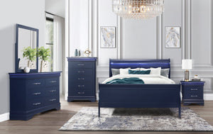English Elm CHARLSTON Sleigh King Bedroom Set with LED Headboard, Solid Wood & MDF, Turned Legs, Spacious Drawers Blue 29 L x 22 W x 22 H B201S00217