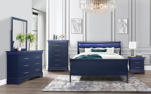 English Elm CHARLSTON Sleigh-Style Full 5PC Bedroom Set with LED Headboard, Solid Wood & Turned Legs Finish Blue 83.13 L x 7.88 W x 4.88 H B201S00320