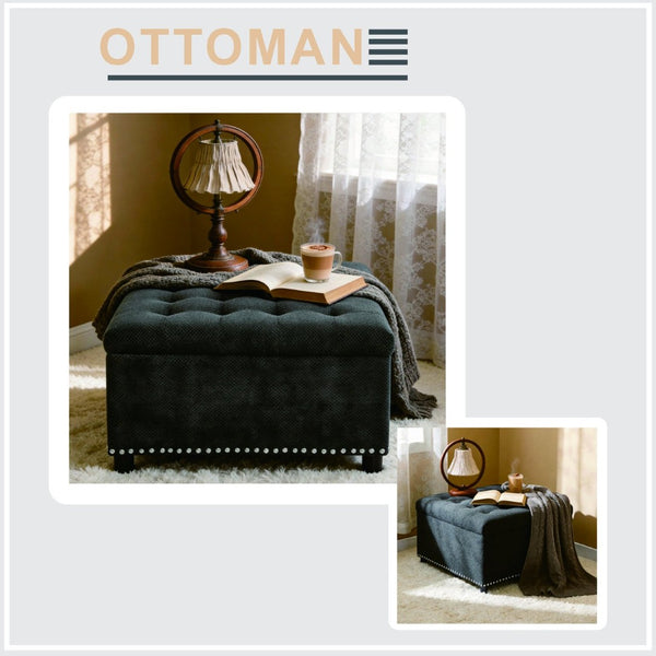 English Elm Storage Ottoman Tufted Nailhead Trim Lift Top Footstool for Living Room or Bedroom Dark Grey W5568P446991